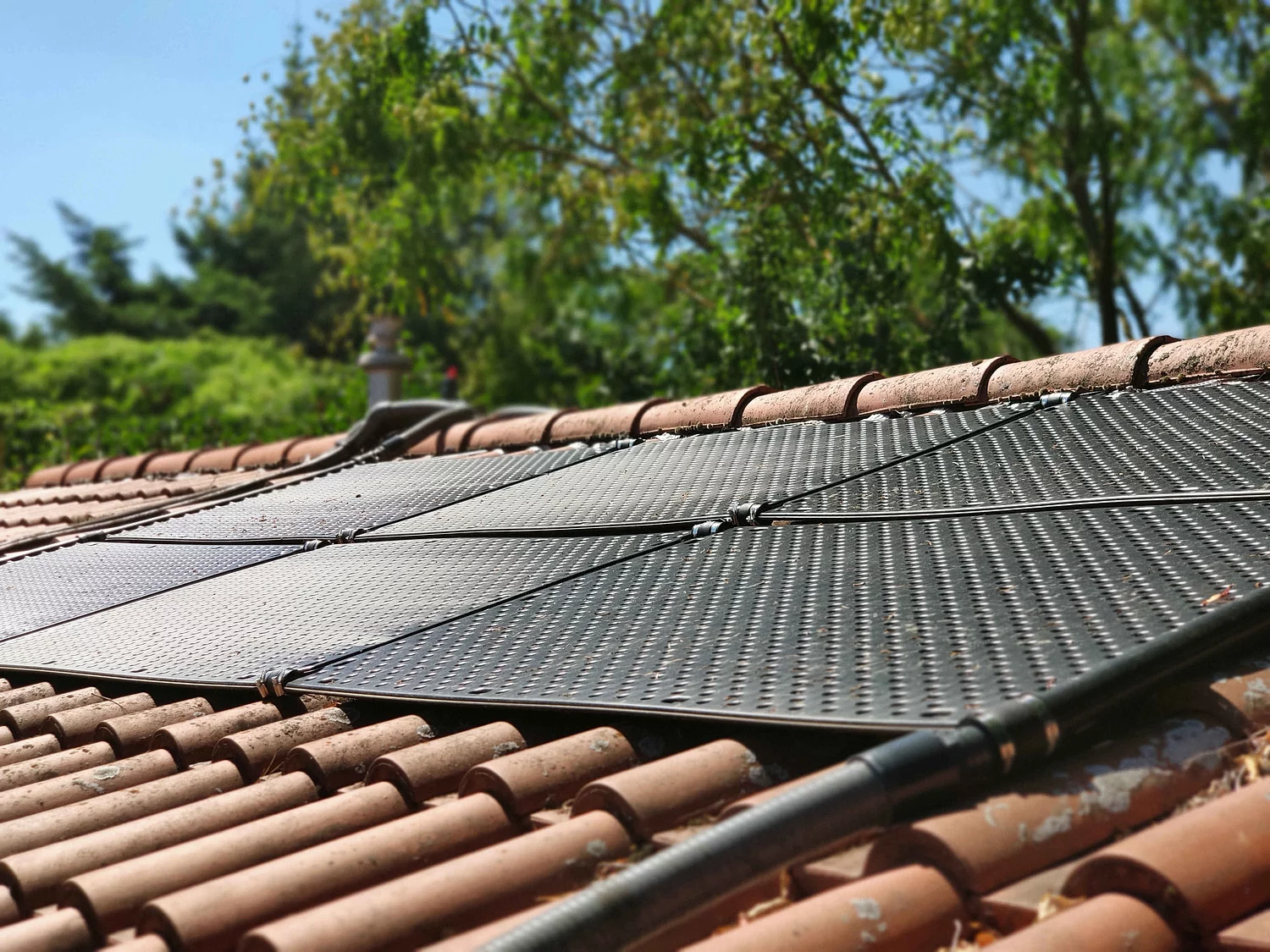Solarthermie-Kollektoren auf dem Hausdach zur Warmwasserbereitung