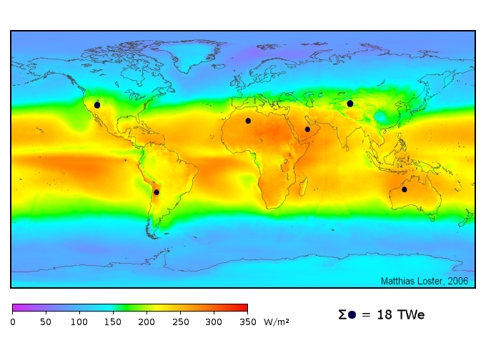 Karte die die globale Sonnenenergie und geeignete Standorte für Kraftwerke zeigt