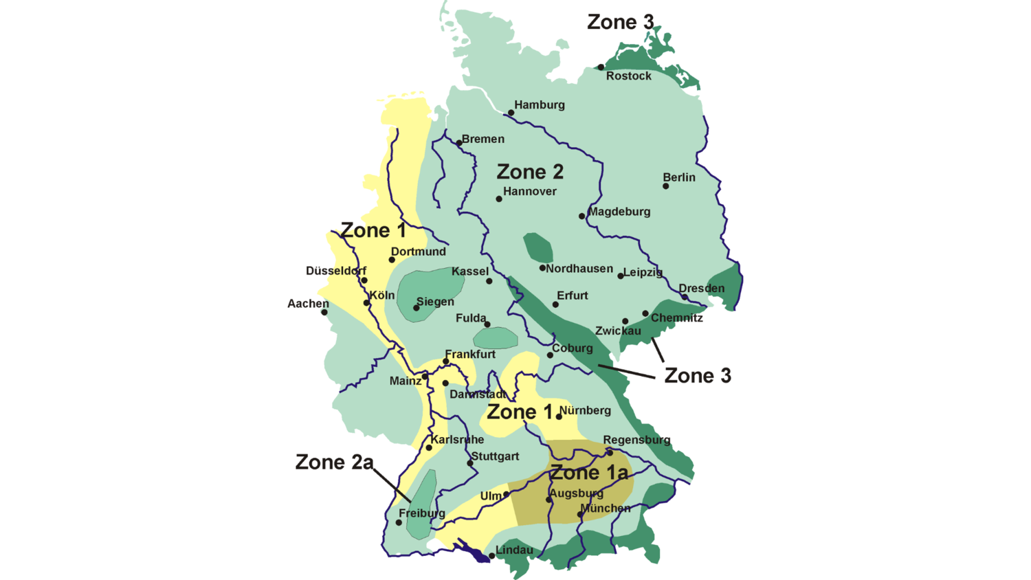 Grafik, die die unterschiedlichen Schneelastzonen Deutschlands in verschiedenen Grüntönen darstellt