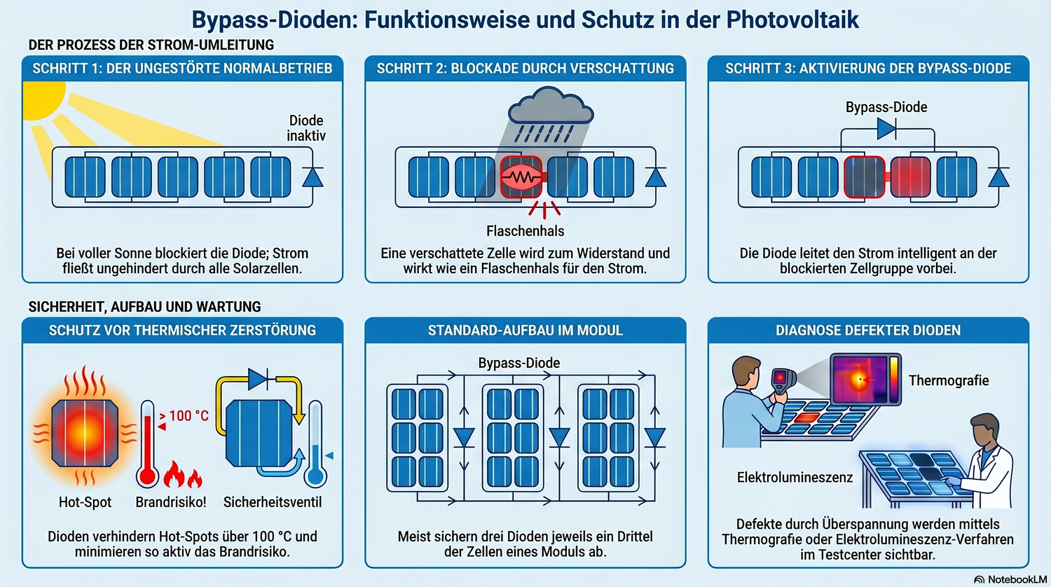 Infografik: Funktionsweise und Schutzfunktion von Bypass-Dioden in Solarmodulen bei Teilverschattung und Vermeidung von Hot-Spots.