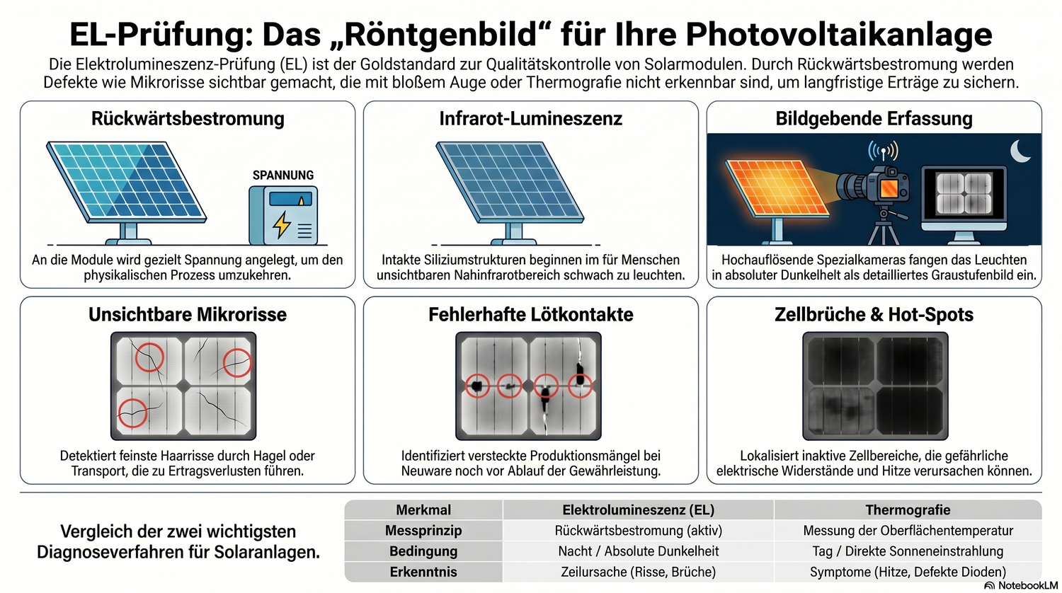 nfografik: Ablauf und Nutzen der EL-Prüfung (Elektrolumineszenz-Verfahren) für Photovoltaikanlagen zur Erkennung von Mikrorissen und defekten Lötkontakten.