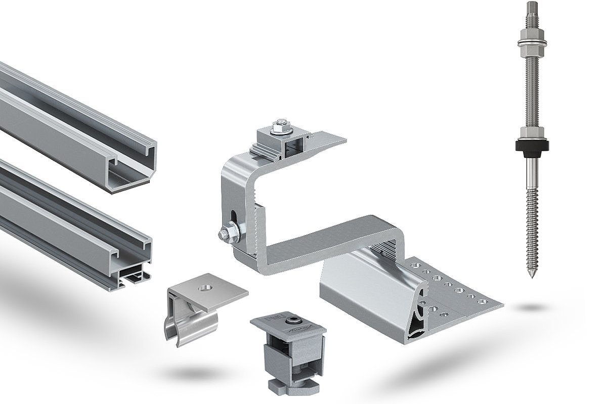 Dachhaken in einem Montagesystem, 3D Darstellung der Produkte