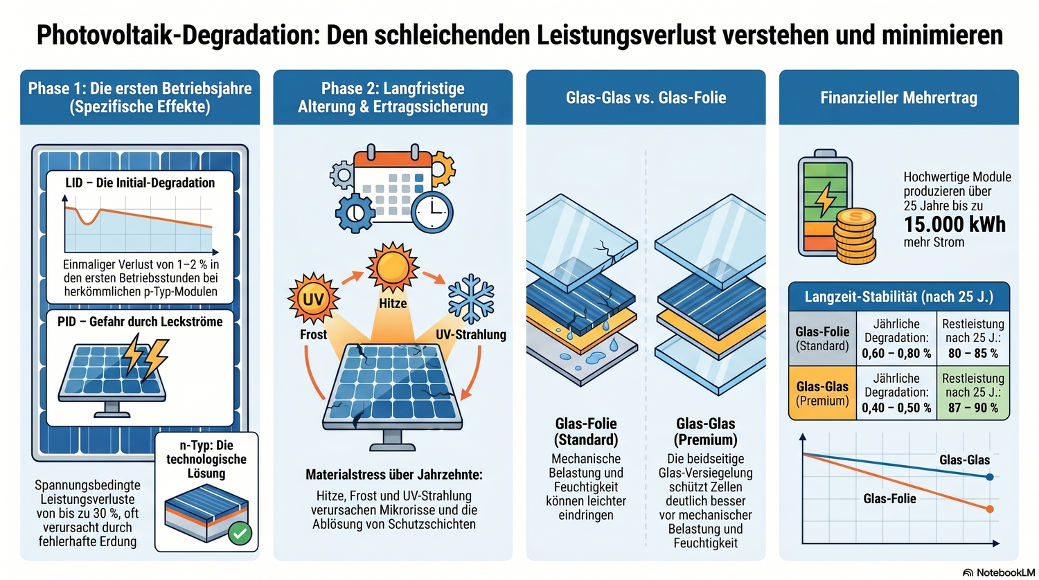 Infografik: Ursachen der Degradation bei Photovoltaik-Modulen, Leistungsverlust über 25 Jahre und Vergleich von Standard-Glas-Folie mit Premium-Glas-Glas-Modulen.