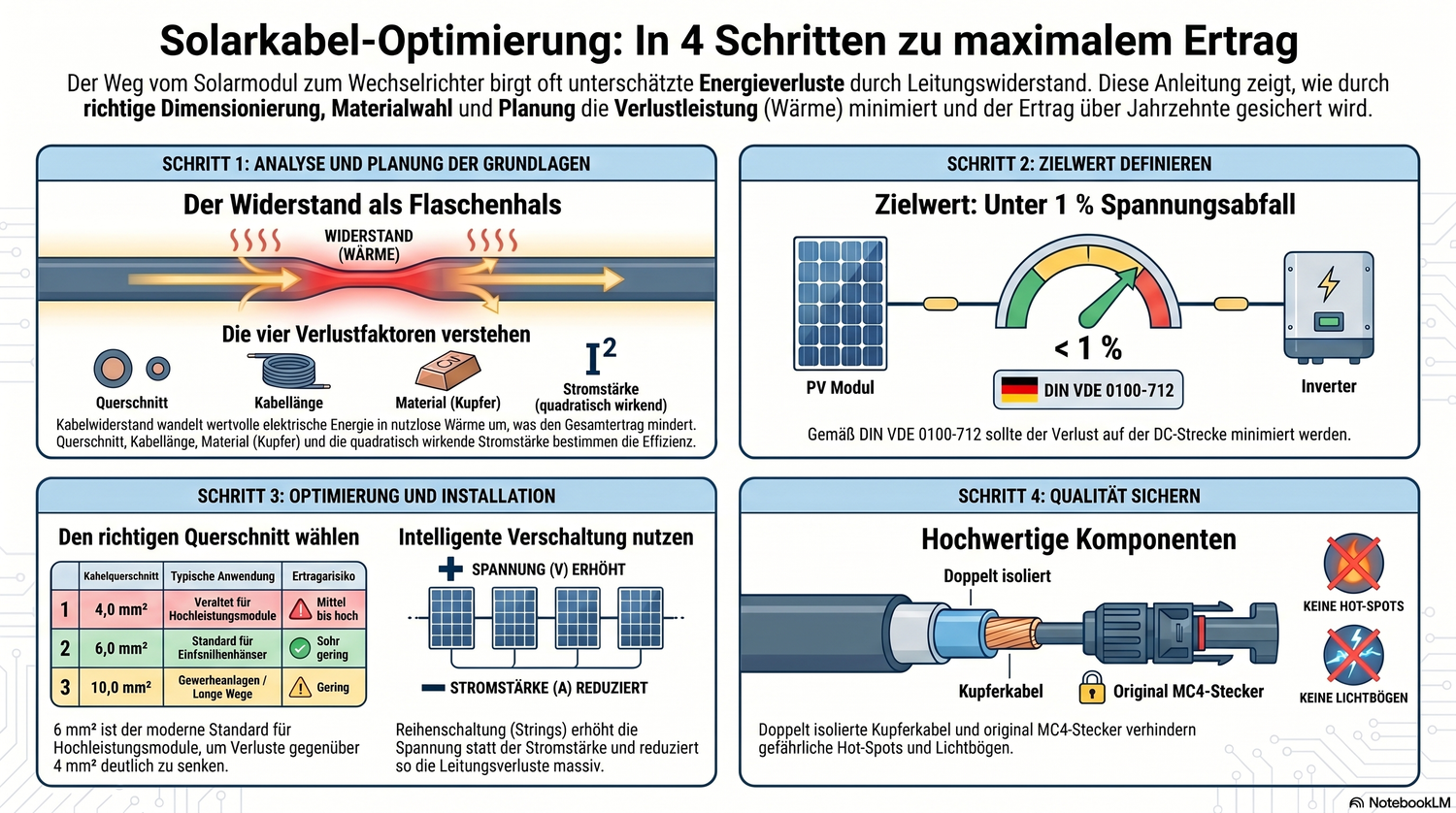 Infografik über die vier physikalischen Hauptfaktoren für Leitungsverluste bei Photovoltaikanlagen: Kabelquerschnitt, Kabellänge, Leitermaterial und Stromstärke.