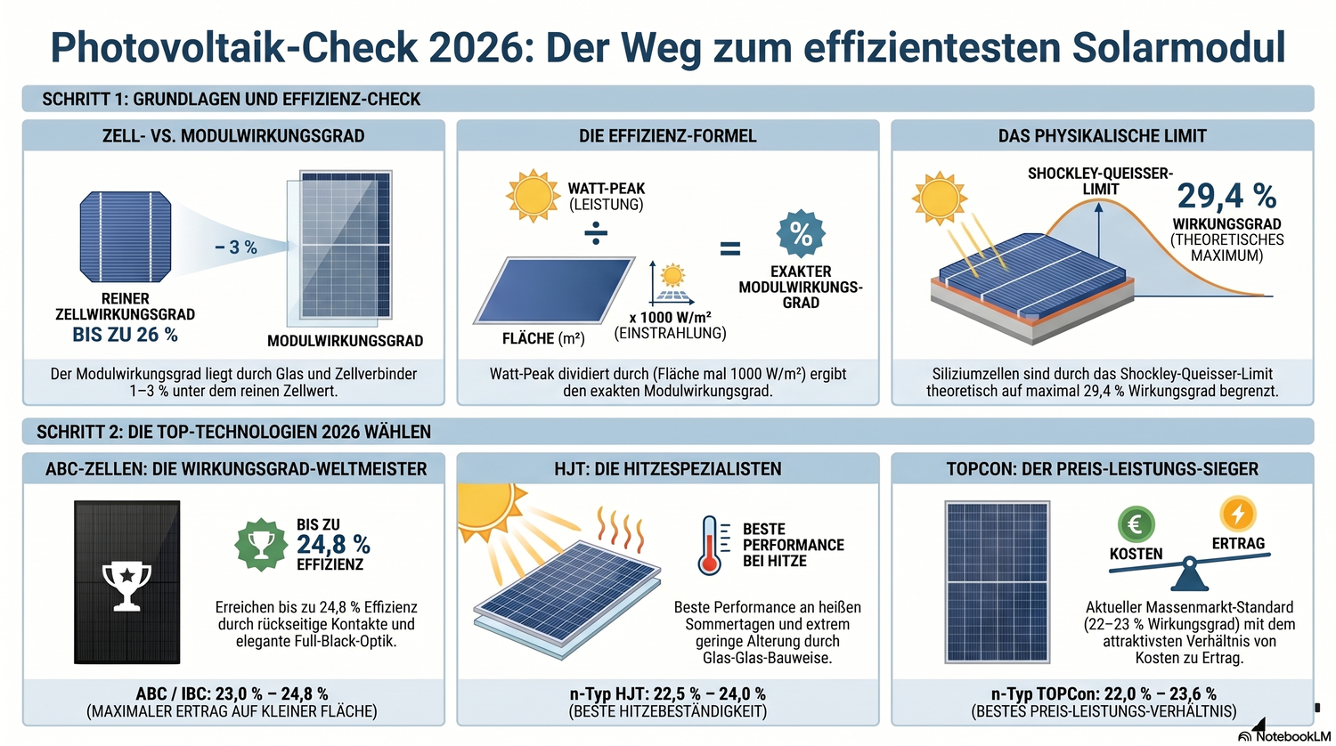 Infografik zum Vergleich der Modulwirkungsgrade von Solarmodulen. Dargestellt sind die modernen Zelltechnologien Back Contact (ABC/IBC) mit bis zu 24,8 % Wirkungsgrad, n-Typ TOPCon, n-Typ HJT sowie die veraltete p-Typ PERC-Technologie inklusive ihrer Praxis-Vorteile für Anlagenbetreiber.