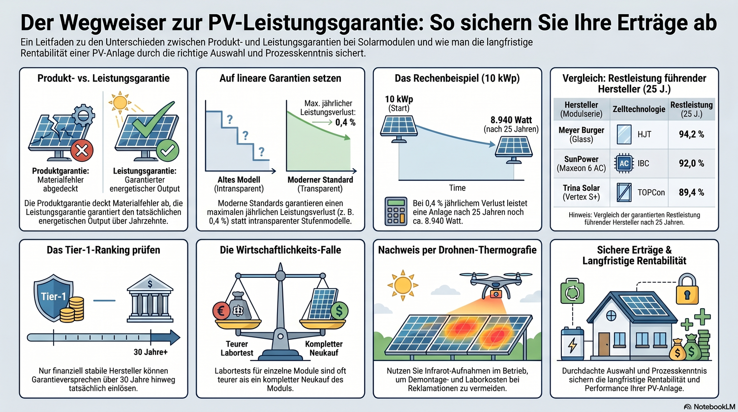 Detaillierte Infografik zur Leistungsgarantie bei PV-Modulen, die den Unterschied zur Produktgarantie zeigt, das Prinzip der linearen Leistungsgarantie erklärt und die Restleistungen moderner Solarmodule nach 25 Jahren vergleicht.