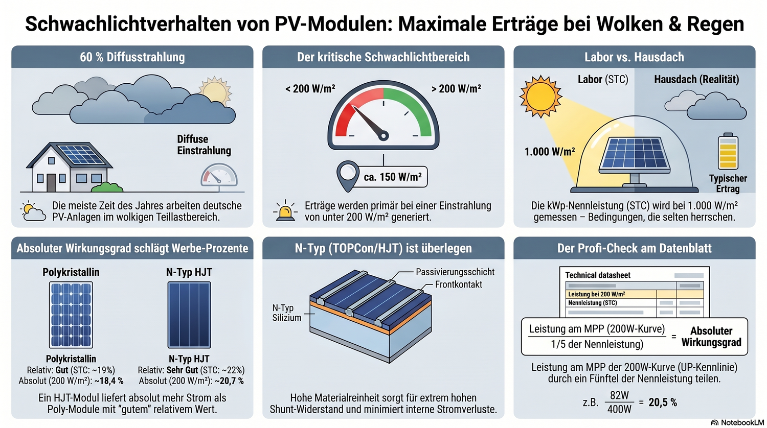 Infografik zum Schwachlichtverhalten von PV-Modulen bei diffuser Strahlung unter 200 W/m². Die Darstellung vergleicht den relativen und absoluten Wirkungsgrad verschiedener Zelltechnologien wie N-Typ TOPCon, HJT, Polykristallin und Amorphem Silizium bei Bewölkung.