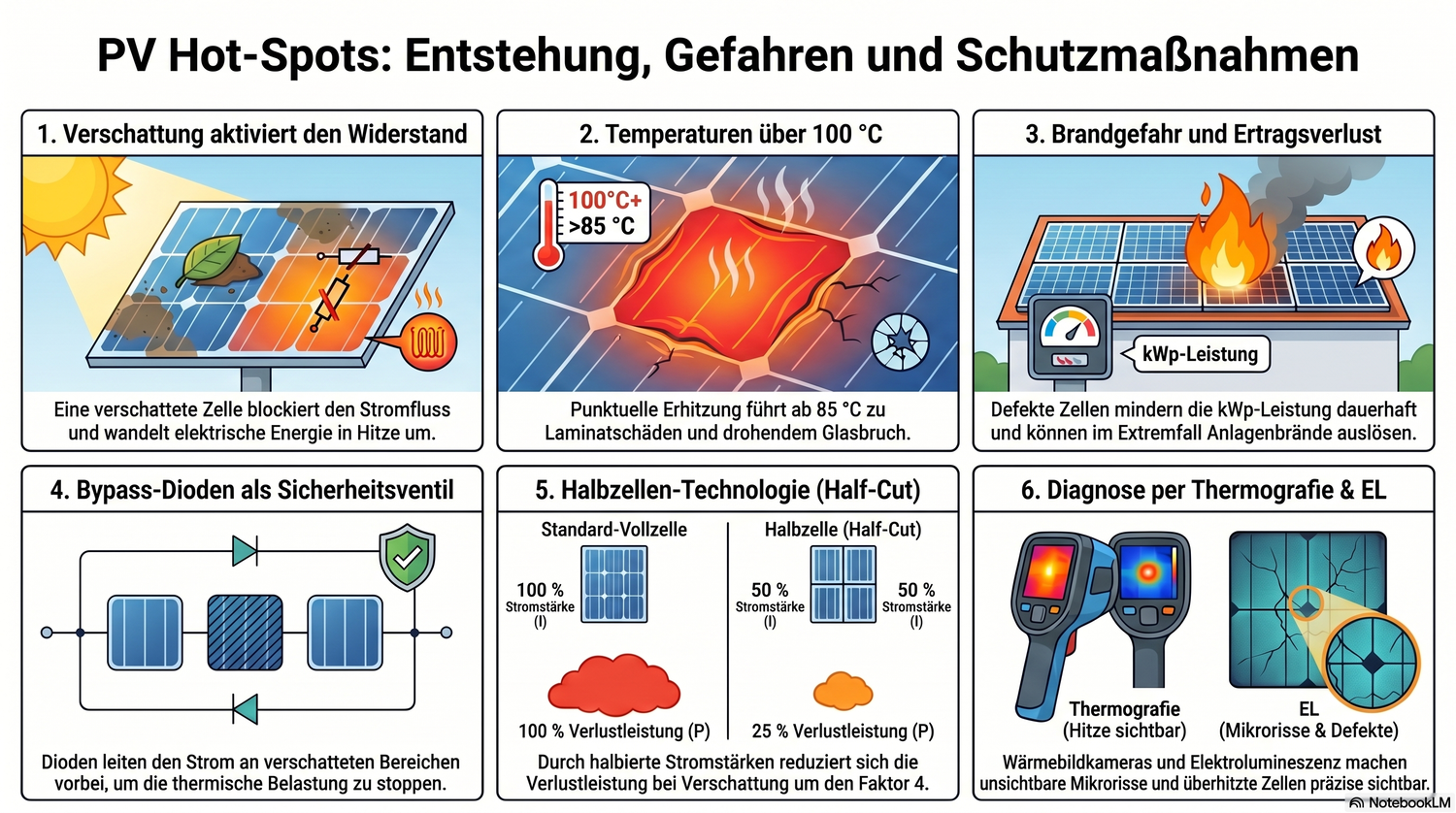 Infografik zur Entstehung von PV Hot-Spots durch Verschattung und Widerstand in Solarzellen, den potenziellen Brandschäden sowie dem konstruktiven Schutz durch Bypass-Dioden und Halbzellen.